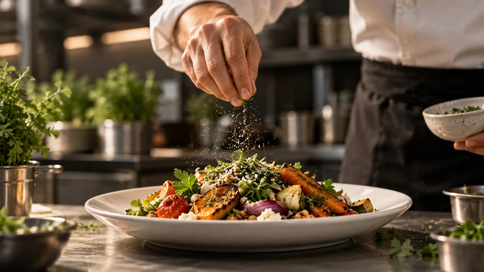 Şef günlük catering üretiminde taze bir tabağı baharatlarken
