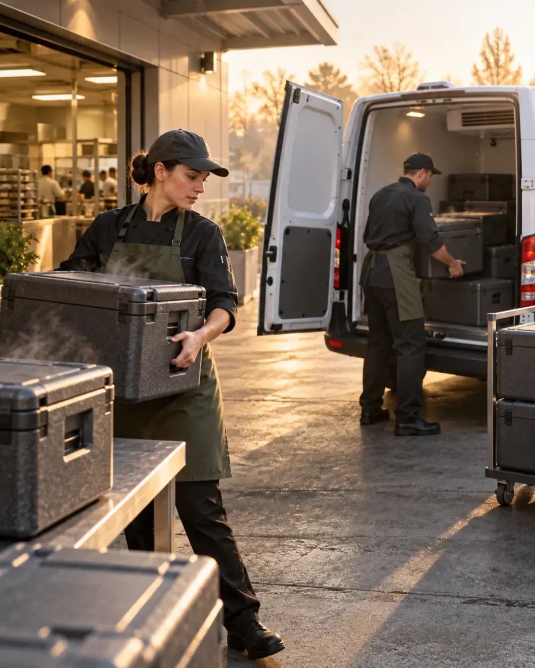 Yemek taşıma kutuları soğutuculu araca yüklenirken